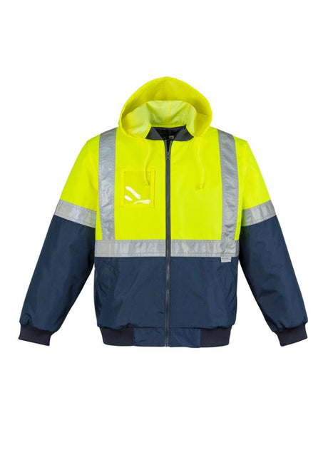 Men's HI-Vis Quilted Flying Jacket in yellow and navy, waterproof with reflective tape, designed for warmth and safety.