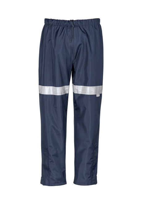 Waterproof navy storm pants for men, size 3XL, featuring elastic waist, reflective tape, and ankle zip for versatility.