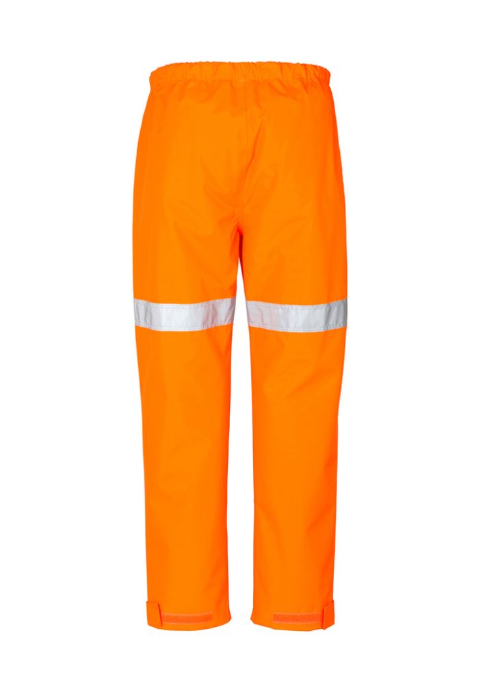 Men's orange waterproof storm pants by Syzmik, size 5XL, made from durable polyester with reflective tape and ankle zips.