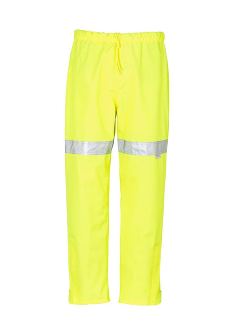 Mens Taped Storm Pant in yellow, durable 300D Oxford Polyester, waterproof, reflective tape, elastic waist, ideal for outdoor use.