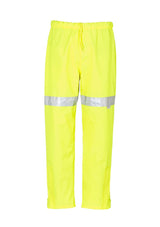 Men's waterproof storm pant in vibrant yellow, featuring elastic waist, reflective tape, and ankle zips for comfort and visibility.
