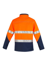 High-visibility unisex soft shell jacket in orange and navy, featuring waterproof zips, reflective tape, and adjustable cuffs.