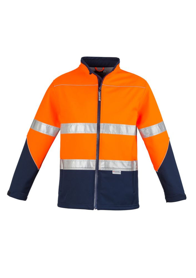 Unisex orange and navy Hi-Vis soft shell jacket with waterproof zips, reflective piping, and adjustable cuffs for comfort.