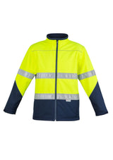 Unisex Hi-Vis Soft Shell Jacket in Yellow/Navy, breathable, waterproof, with reflective details and adjustable cuffs for safety.