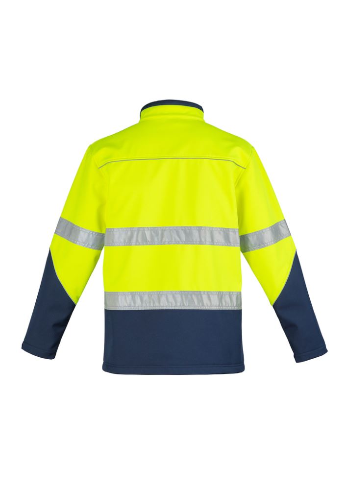 Unisex Hi-Vis Soft Shell Jacket in Yellow/Navy, waterproof with reflective details, perfect for visibility and comfort in work settings.