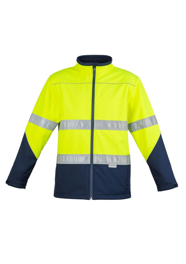 Unisex yellow and navy Hi-Vis soft shell jacket, waterproof, with reflective details and adjustable chin guard for outdoor work.