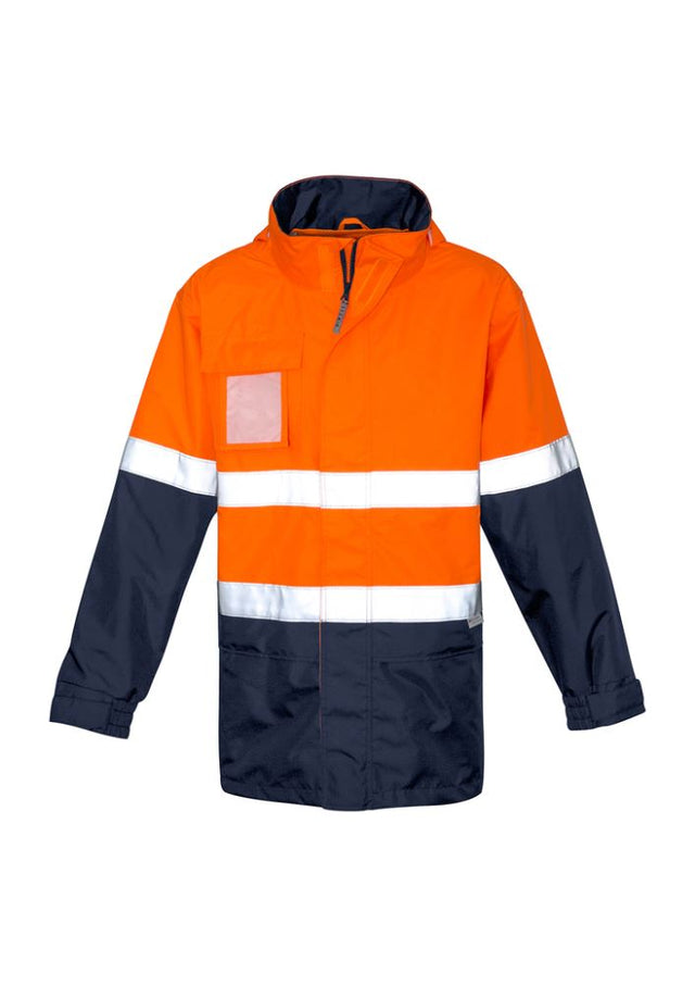 Mens Ultralite Waterproof Jacket in orange and navy, featuring breathable mesh lining and adjustable hood for outdoor protection.