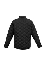 Unisex black hexagonal puffer jacket in 5XL, featuring warm polyester fill, water resistance, and multiple zippered pockets.
