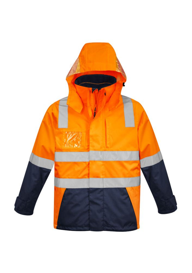 Men's Hi-Vis 4-in-1 Waterproof Jacket in orange and navy, featuring a zip-in fleece vest and concealed hood for versatile outdoor wear.