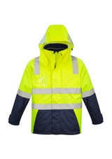 Hi-vis yellow and navy waterproof jacket with reversible vest, fleece lining, and clear hood panels for visibility.