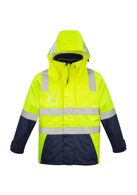 Hi-vis yellow and navy waterproof jacket with reversible vest, fleece lining, and clear hood panels for visibility.
