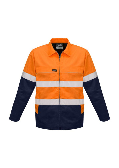 Men's Hi-Vis Cotton Drill Jacket in Orange and Navy, crafted from durable cotton with warm lining, features multiple pockets and a reliable zipper.