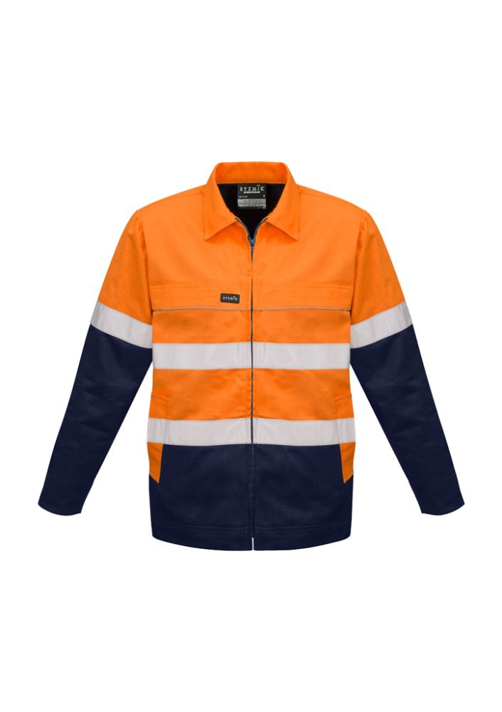 Hi-Vis Cotton Drill Jacket in orange and navy, featuring durable fabric, flannel lining, pockets, and a water-repellent finish.