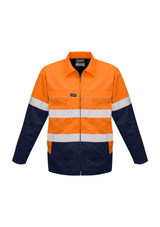 Hi-Vis cotton drill jacket in orange and navy, featuring durable fabric, warm lining, multiple pockets, and water repellent finish.