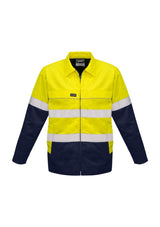 Men's Hi-Visibility Yellow/Navy cotton drill jacket with flannel lining, multiple pockets, and water/oil repellent finish.