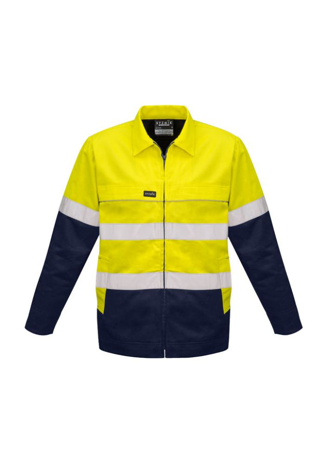High-visibility yellow and navy cotton drill jacket with flannel lining, pockets, and water/oil repellent finish for outdoor work.