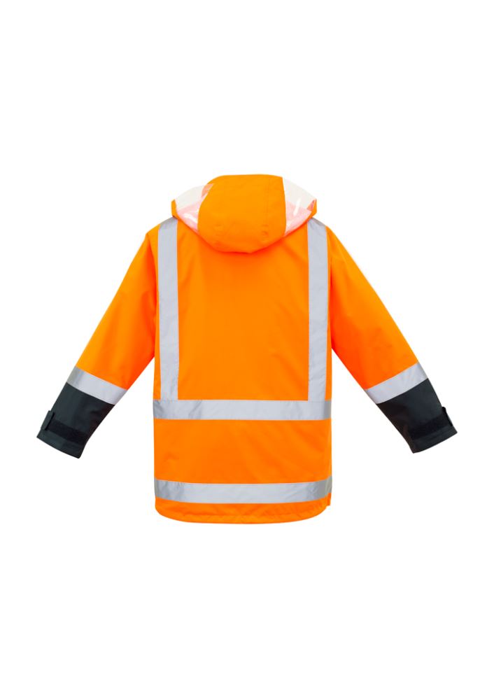 Orange and navy men's 4-in-1 waterproof jacket with reversible fleece vest, concealed hood, and ample pockets for convenience.