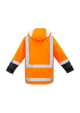Men's 4-in-1 waterproof jacket in orange and navy, featuring a reversible fleece vest, concealed hood, and multiple pockets.