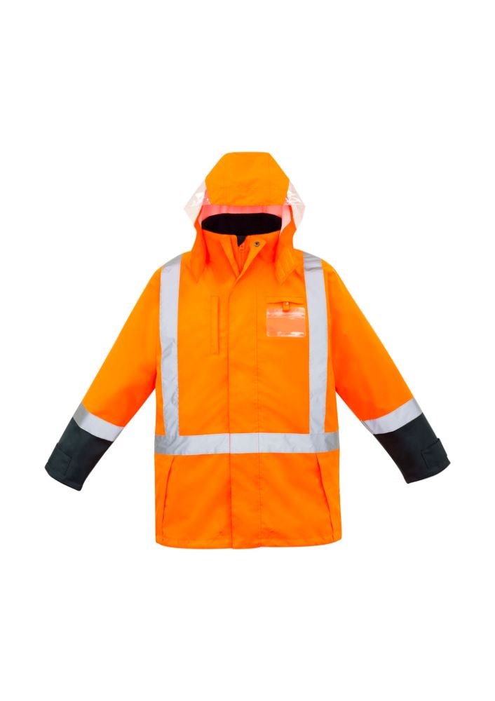 Men's 4-in-1 waterproof jacket in orange and navy featuring a reversible fleece vest, concealed hood, and breathable fabric.