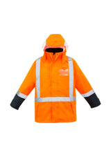 Men's 4-in-1 waterproof jacket in orange and navy featuring a reversible fleece vest, concealed hood, and breathable fabric.