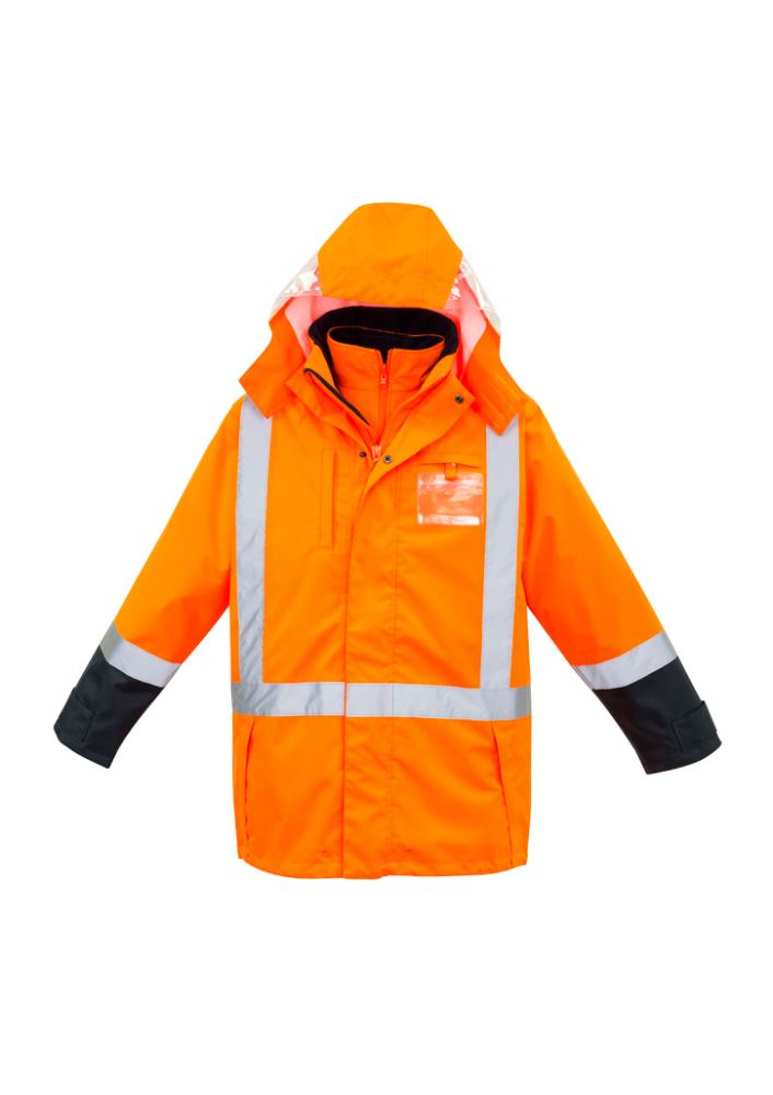 Mens TTMC 4-in-1 Waterproof Jacket in vibrant orange and navy, featuring a reversible vest and concealed hood for outdoor comfort.