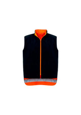 Men's 4-in-1 waterproof jacket in orange and navy, featuring a reversible vest, concealed hood, and multiple pockets for outdoor use.