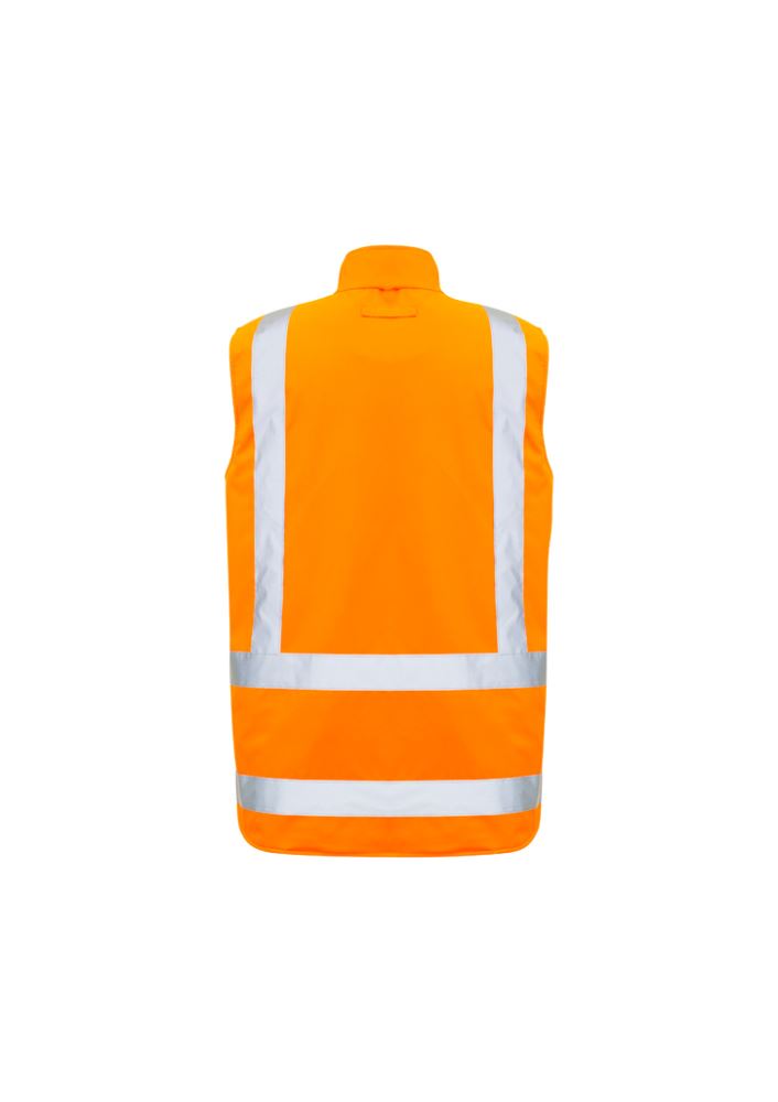 Vibrant orange and navy 4-in-1 waterproof jacket with reversible fleece vest, hood, and multiple pockets for outdoor comfort.