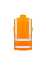Vibrant orange and navy 4-in-1 waterproof jacket with reversible fleece vest, hood, and multiple pockets for outdoor comfort.