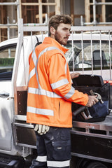 Unisex orange Hi-Vis 2-in-1 X-Back Soft Shell Jacket, 2XL, with zip-off sleeves and water-resistant material for outdoor safety.