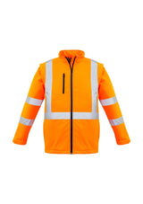 Vibrant orange unisex hi-vis soft shell jacket, 2-in-1 design with zip-off sleeves, water-resistant, and enhanced visibility features.