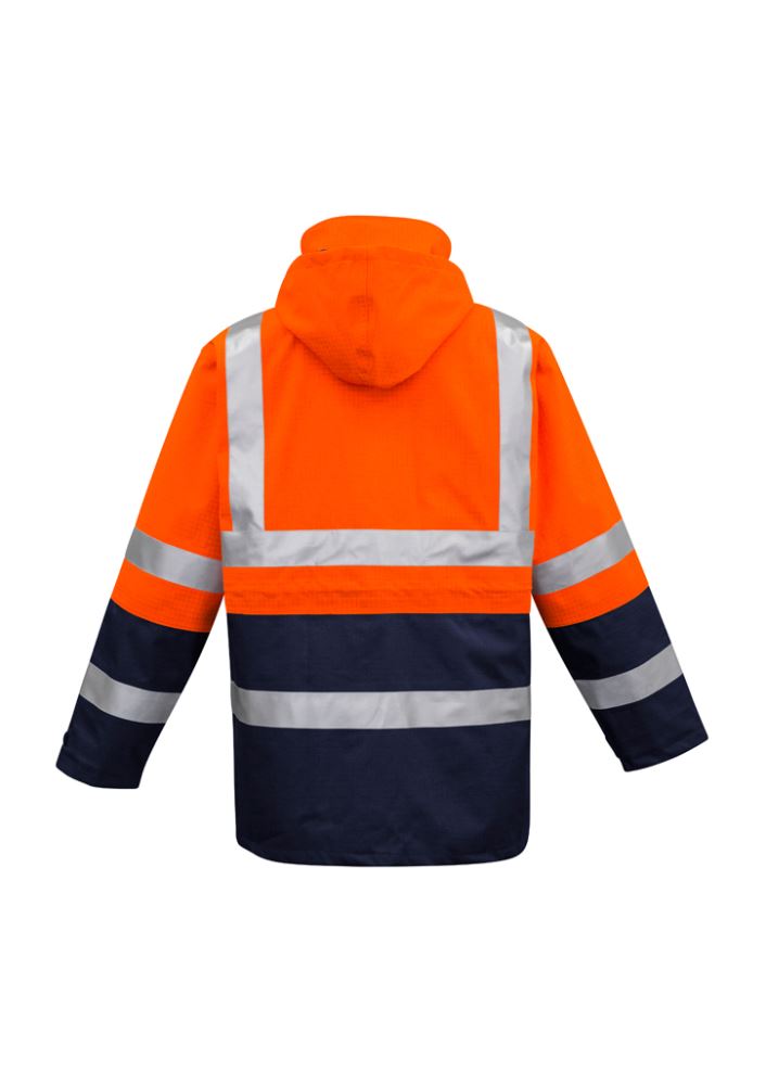 Bright orange and navy waterproof jacket with flame-resistant features, ideal for outdoor work in tough conditions.