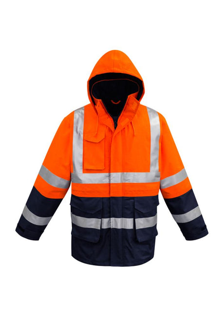 Men's FR Arc Rated Waterproof Jacket in Orange/Navy with reflective tape, heat-resistant zip, and multiple pockets for safety and utility.