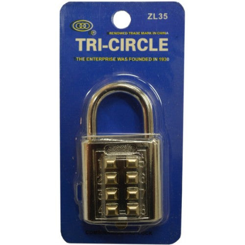 Chrome-plated 35mm padlock with 4-digit push button combo for keyless security, ideal for lockers and storage units.