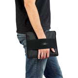 Sleek 2-in-1 iPad holder and journal with zip closure, multiple pockets, and removable spiral notebook for tech-savvy users.