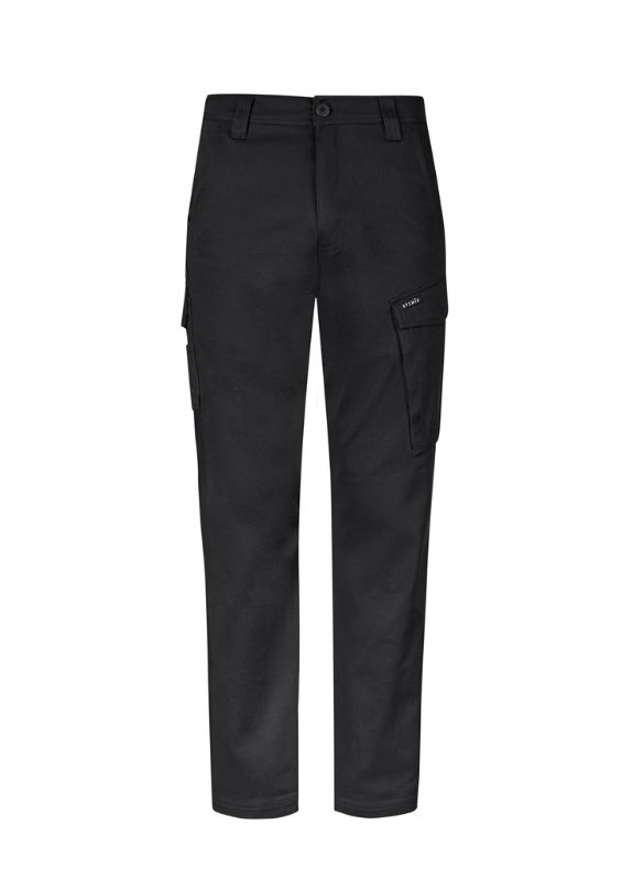 Men's black stretch cargo pants by Syzmik, featuring a slim fit, ample pockets, and durable fabric for comfort and utility.