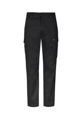 Men's black stretch cargo pants by Syzmik, size 112, featuring durable fabric, multiple pockets, and a slim fit design.