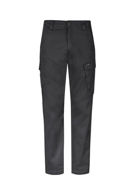 Men's Charcoal Stretch Cargo Pants in Size 72 featuring slim fit, durable fabric, oversized pockets, and mobile phone storage.