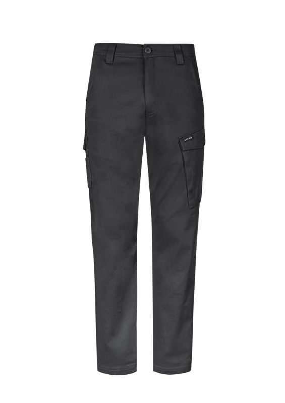 Men's Charcoal Stretch Cargo Pants in Size 72 featuring slim fit, durable fabric, oversized pockets, and mobile phone storage.