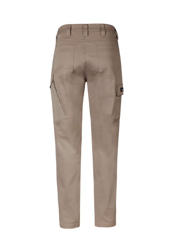 Men's khaki stretch cargo pants from Syzmik, featuring triple stitched seams, multiple pockets, and a modern slim fit.