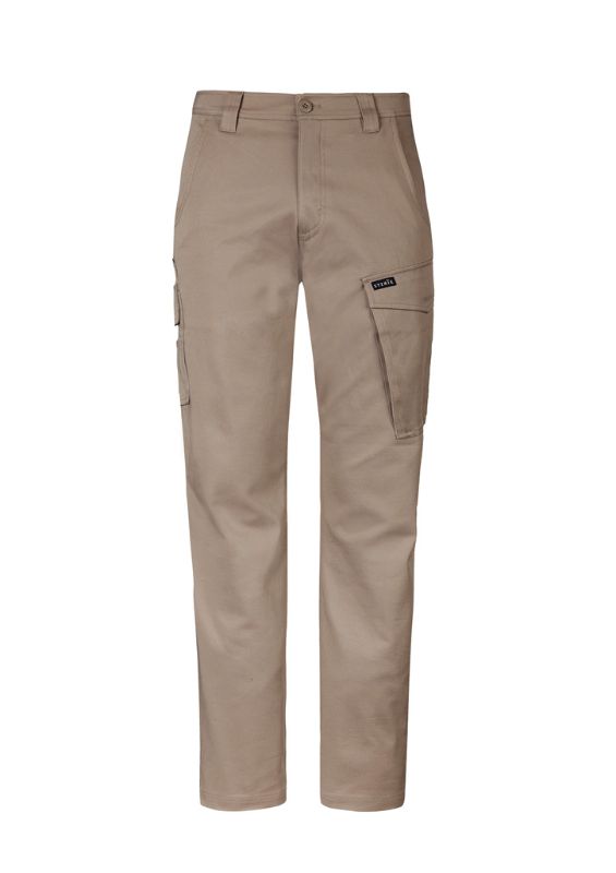 Men's khaki stretch cargo pants, size 72, featuring oversized pockets, slim fit, and durable fabric for comfort and function.