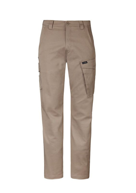 Men's khaki stretch cargo pants with triple-stitched seams, oversized pockets, and a slim fit for comfort and utility.