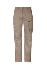 Men's khaki cargo pants featuring 98% cotton, 2% elastane, slim fit, and multiple pockets for practicality and comfort.