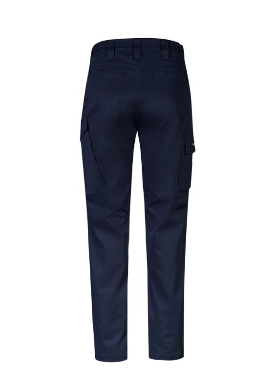 Navy stretch cargo pants with slim fit, ample pockets, and durable design for comfort at work or leisure.