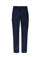 Men's navy cargo pants, size 72, featuring stretch fabric, oversized pockets, and a slim fit design for comfort and functionality.