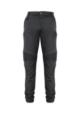 Men's charcoal stretch pants with 4-way stretch, slim fit, multiple pockets, and reflective details for comfort and style.