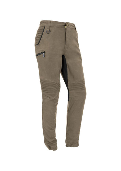 Men's khaki stretch pants by Syzmik featuring elastic cuff, four-way stretch, and multiple pockets for comfort and functionality.