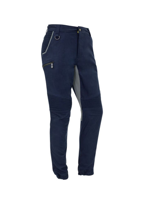 Navy men's stretch pants with a slim fit, featuring 4-way stretch, multiple pockets, and modern design for comfort and style.