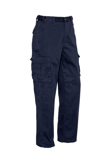 Men's Basic Cargo Pant in Stout Navy, featuring 8 pockets, adjustable waistband, and durable 100% cotton drill construction.