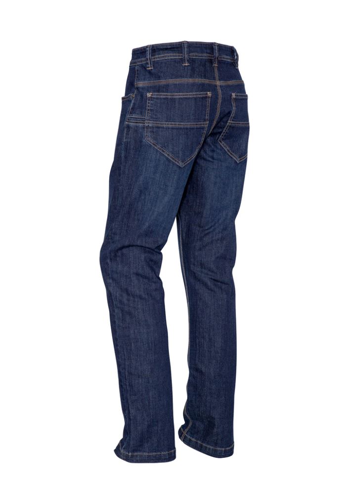 Classic blue stretch denim work jeans for men, featuring straight-leg fit, five pockets, and durable triple-stitched seams.