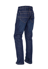 Classic blue stretch denim work jeans for men, featuring straight-leg fit, five pockets, and durable triple-stitched seams.